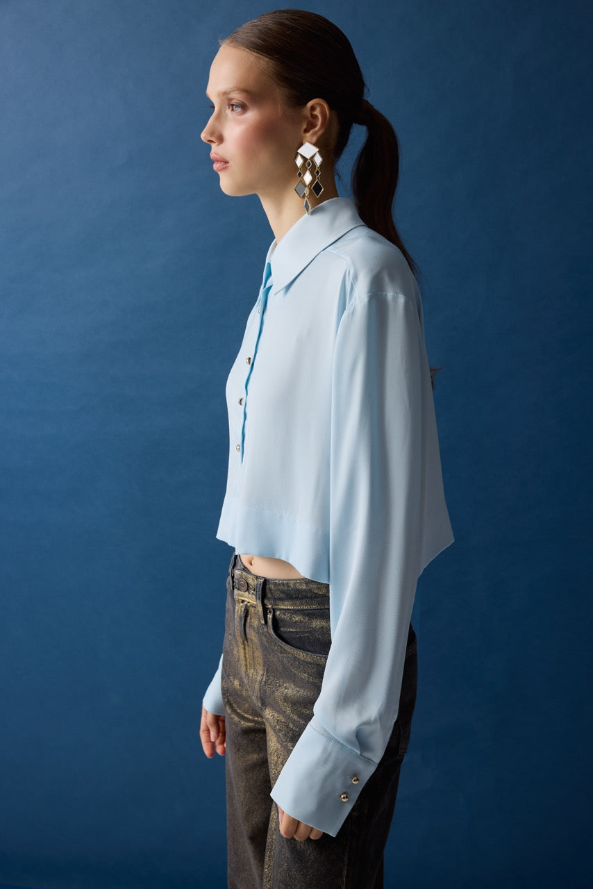 Turquoise Cropped Pale Blue Cotton Shirt by Natalie Kolyozyan, Relief AW26, view 3