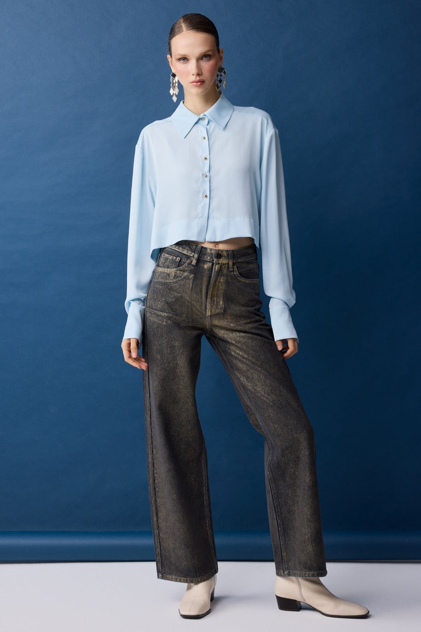 Turquoise Cropped Pale Blue Cotton Shirt by Natalie Kolyozyan, Relief AW26, Look 24 campaign image