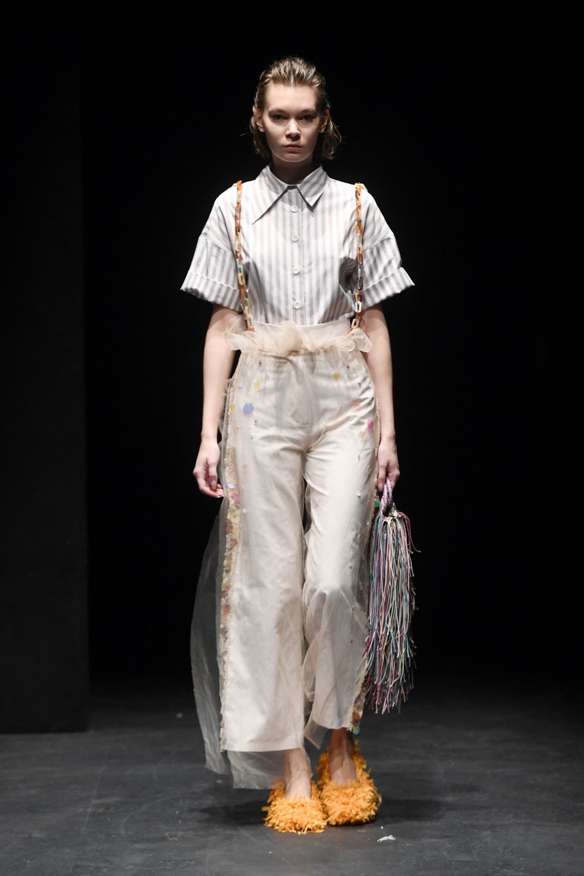 Lie-In Short-Sleeve Striped Shirt Look by Natalie Kolyozyan, Saturday Night Sunday Morning SS20