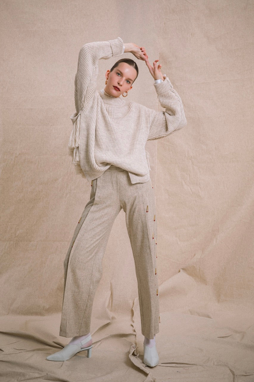 Tinder Side-Tassel Sweater Look by Natalie Kolyozyan, Ember AW19