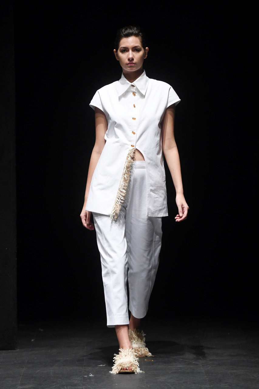 First Light Asymmetric Shirt Look by Natalie Kolyozyan, Saturday Night Sunday Morning SS20
