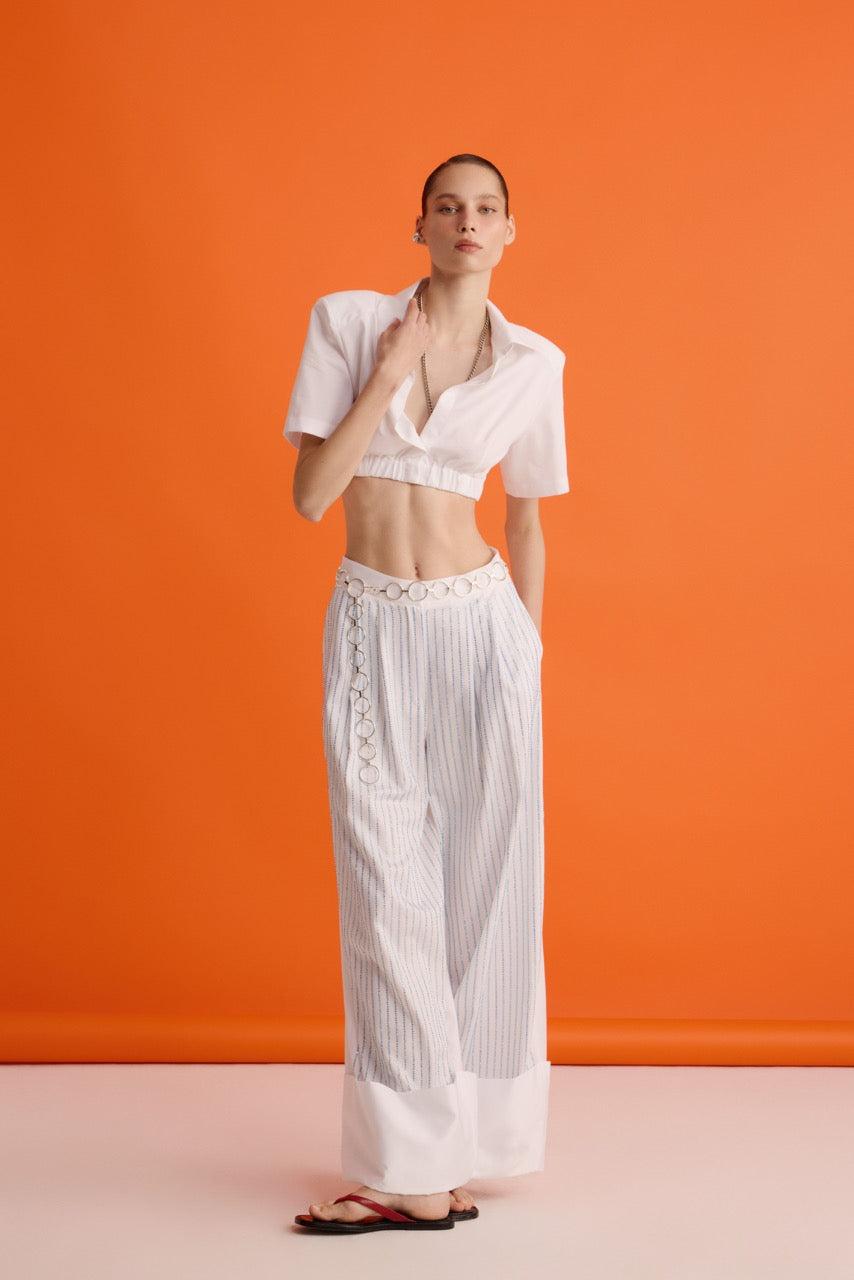 White Cropped Shirt Crystal Stripe Trousers by Natalie Kolyozyan, In the Spotlight SS26