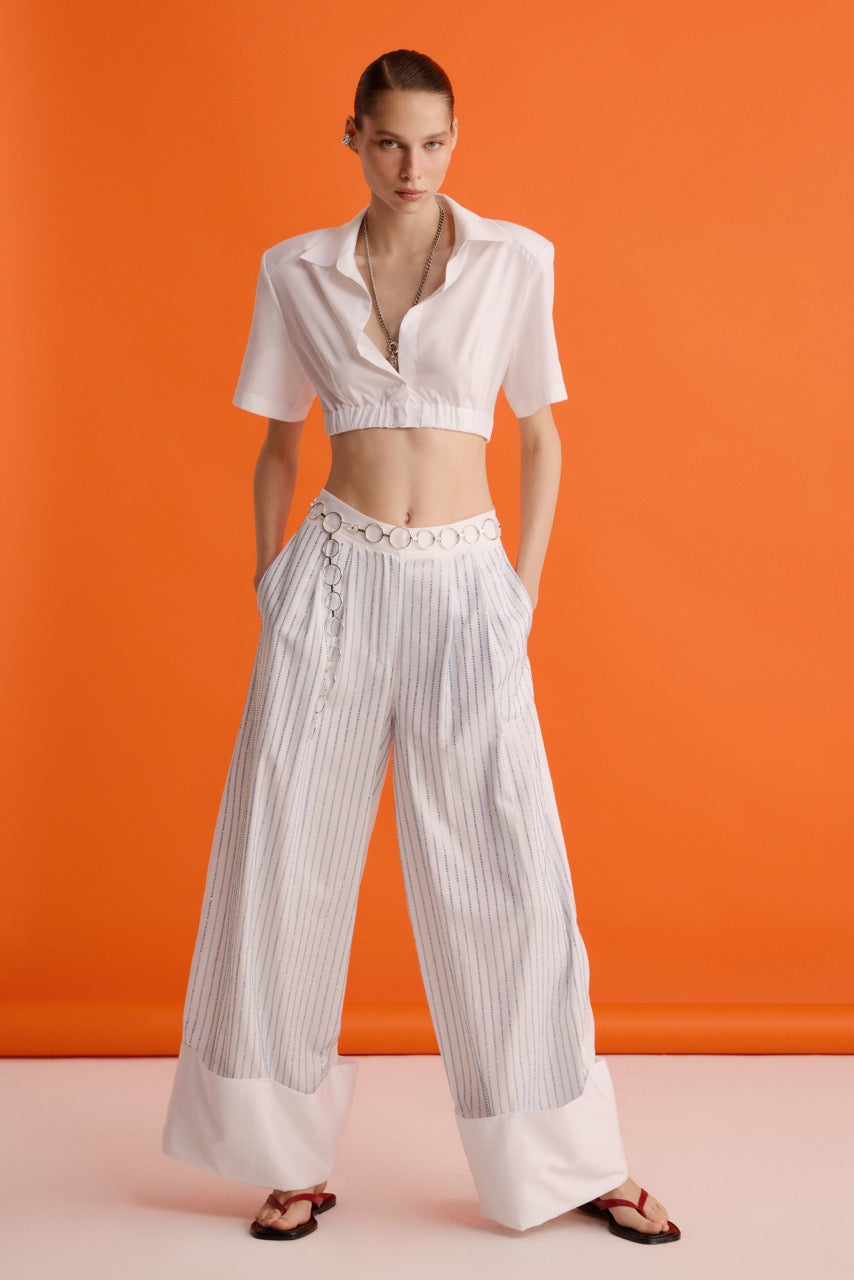 White Cropped Shirt Crystal Stripe Trousers by Natalie Kolyozyan, In the Spotlight SS26, view 2