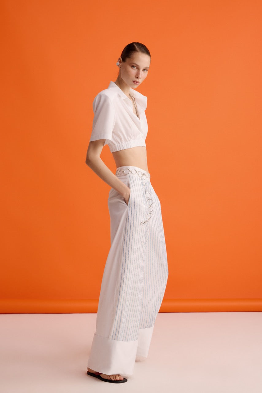 White Cropped Shirt Crystal Stripe Trousers by Natalie Kolyozyan, In the Spotlight SS26, view 3