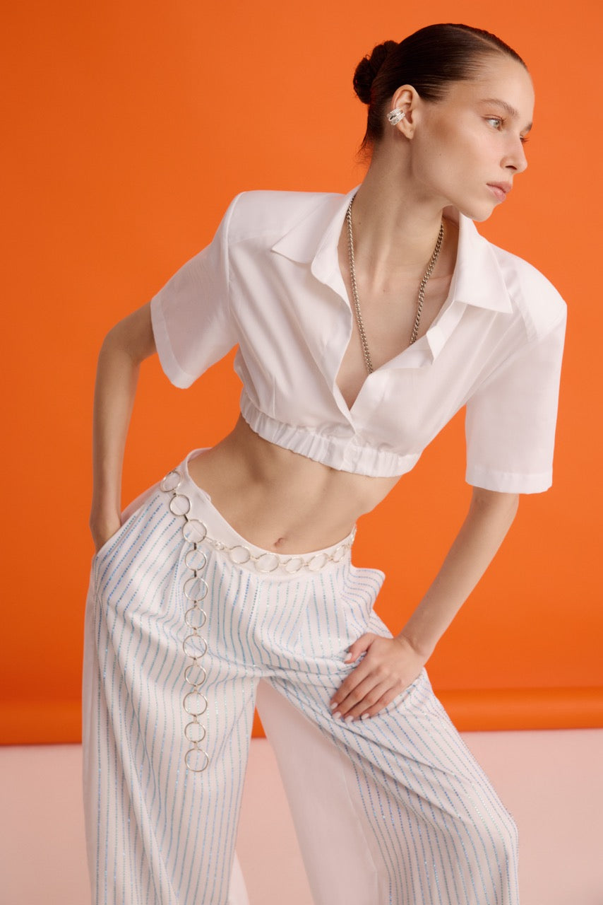 White Cropped Shirt Crystal Stripe Trousers by Natalie Kolyozyan, In the Spotlight SS26, view 4