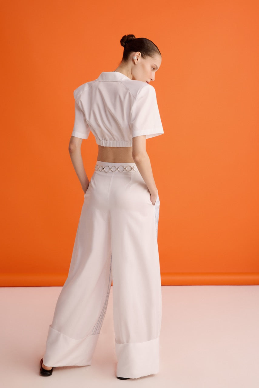 White Cropped Shirt Crystal Stripe Trousers by Natalie Kolyozyan, In the Spotlight SS26, view 5