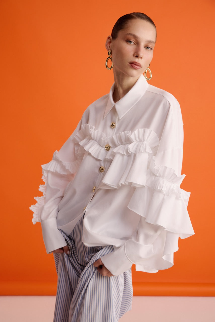 Ruffle-Detail Shirt Riviera Bloom Trousers by Natalie Kolyozyan, In the Spotlight SS26