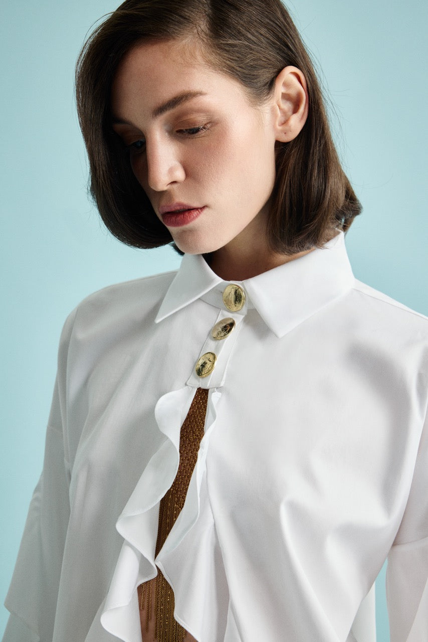 Ruffle-Detail Shirt Solar Haze Trousers by Natalie Kolyozyan, In the Spotlight SS26, view 3