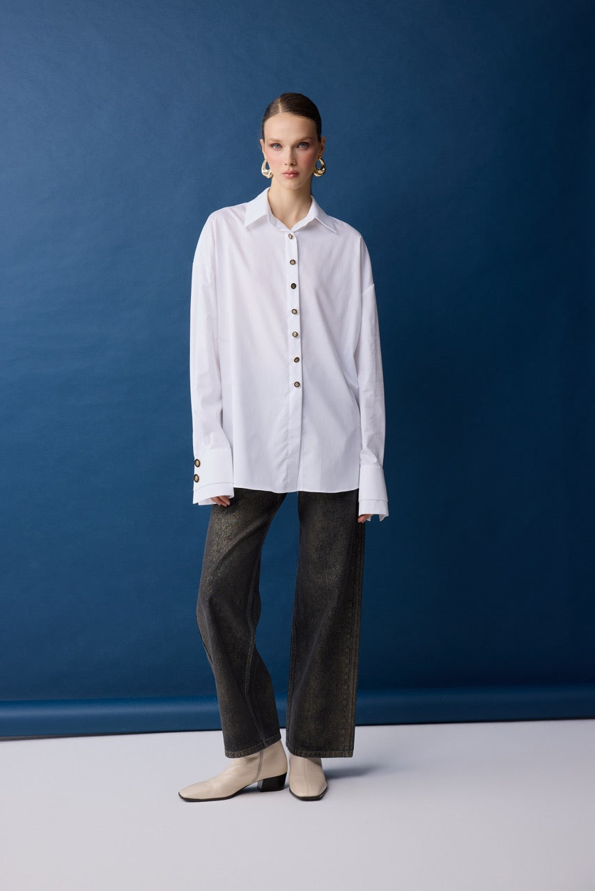 Natalie Kolyozyan Marble Oversize Beyaz Pamuk Gömlek, Relief AW26