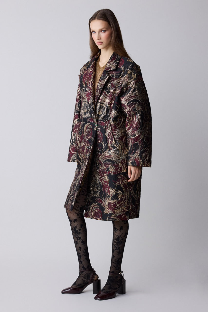 Porphyry Burgundy Jacquard Cocoon Coat by Natalie Kolyozyan, Relief AW26