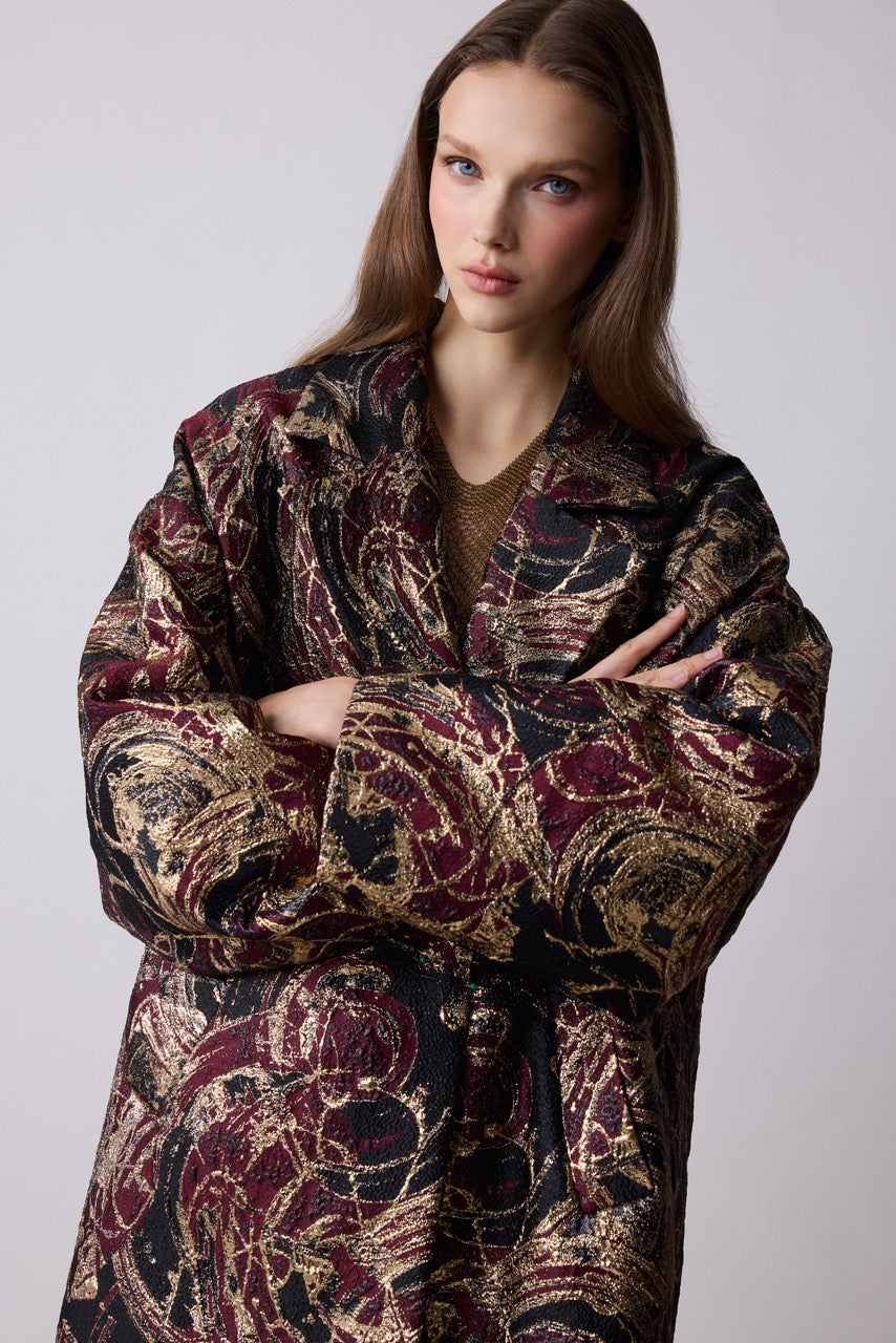 Porphyry Burgundy Jacquard Cocoon Coat by Natalie Kolyozyan, Relief AW26, view 2