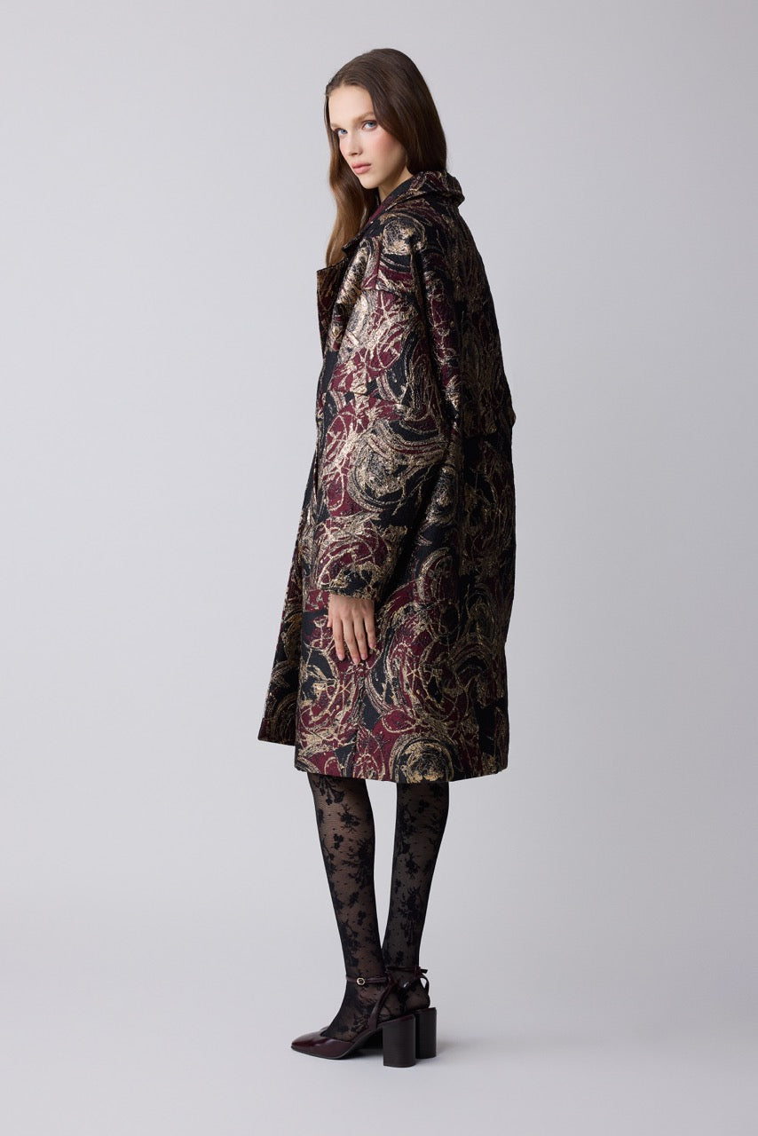 Porphyry Burgundy Jacquard Cocoon Coat by Natalie Kolyozyan, Relief AW26, view 4