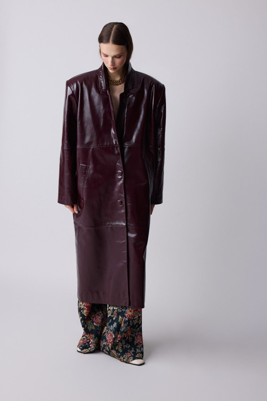 Agate Burgundy Long Leather Coat by Natalie Kolyozyan, Relief AW26
