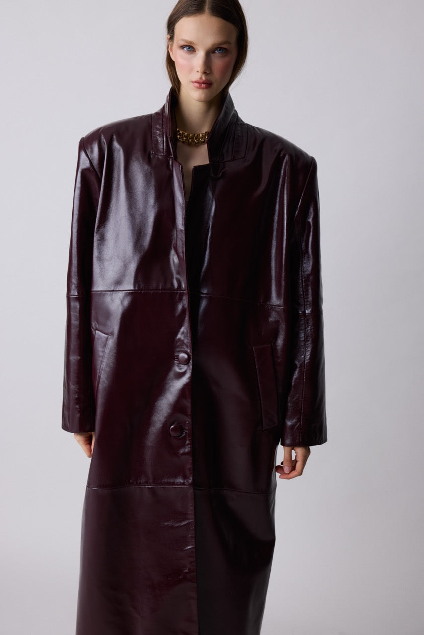 Agate Burgundy Long Leather Coat by Natalie Kolyozyan, Relief AW26, view 4
