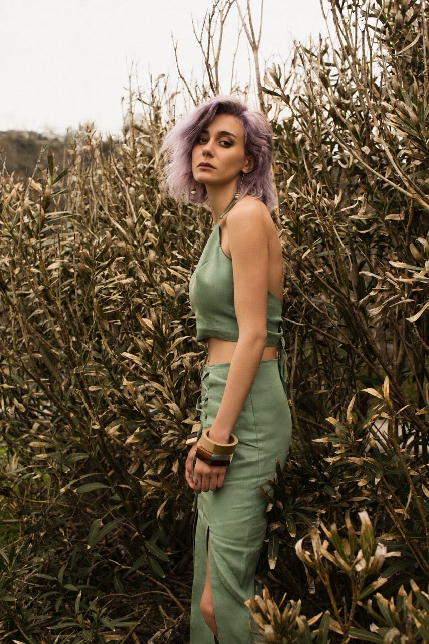 Verdant Halter Blouse Verdant Slit Skirt by Natalie Kolyozyan, Twine SS17