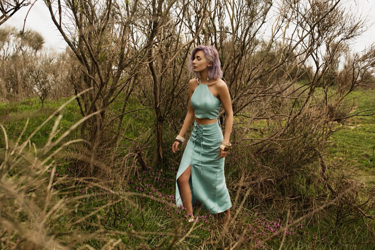 Verdant Halter Blouse Verdant Slit Skirt by Natalie Kolyozyan, Twine SS17, view 2