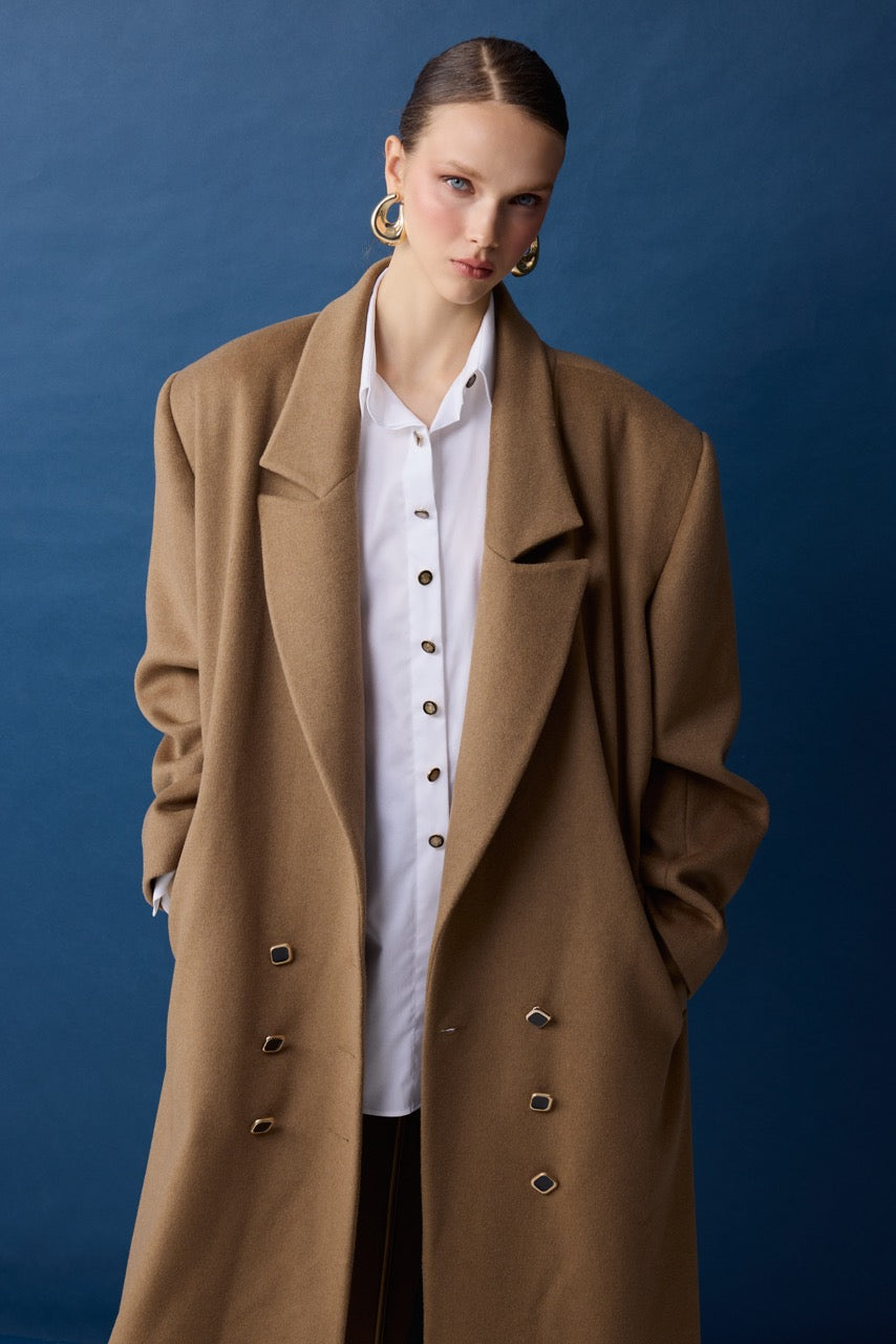 Travertine Double-Breasted Coat – Camel by Natalie Kolyozyan, Relief AW26