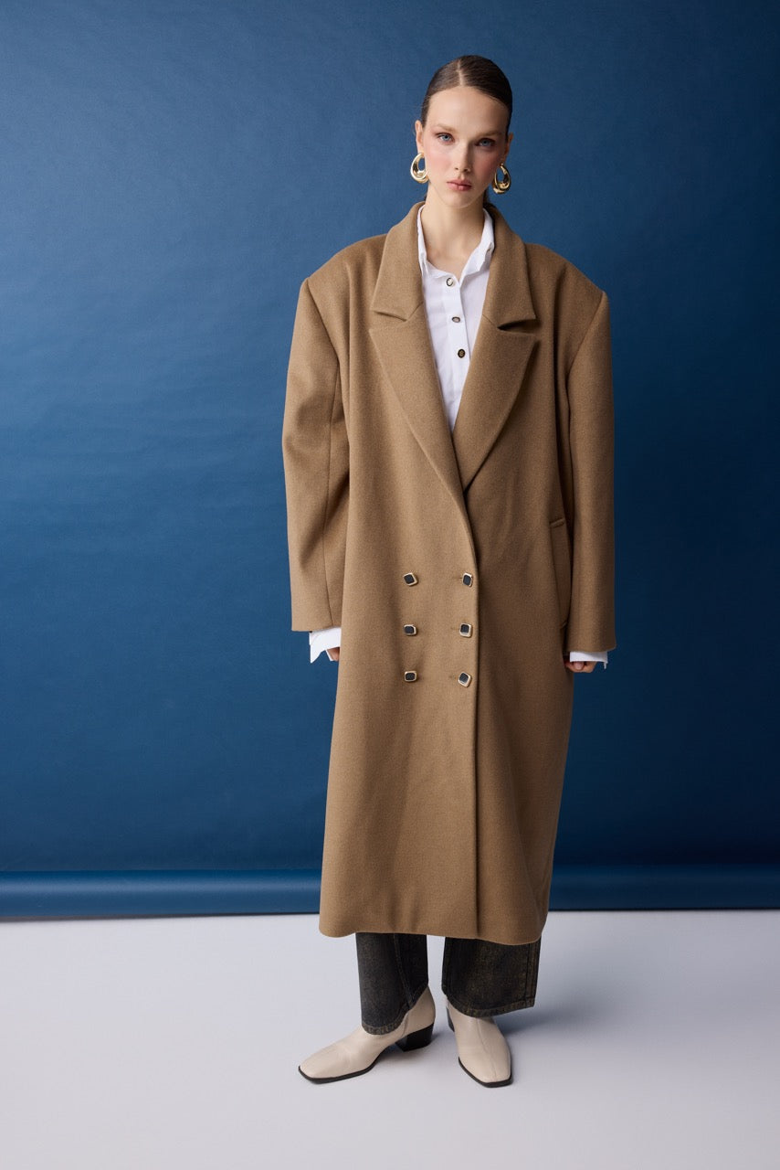 Travertine Double-Breasted Coat – Camel by Natalie Kolyozyan, Relief AW26, view 3