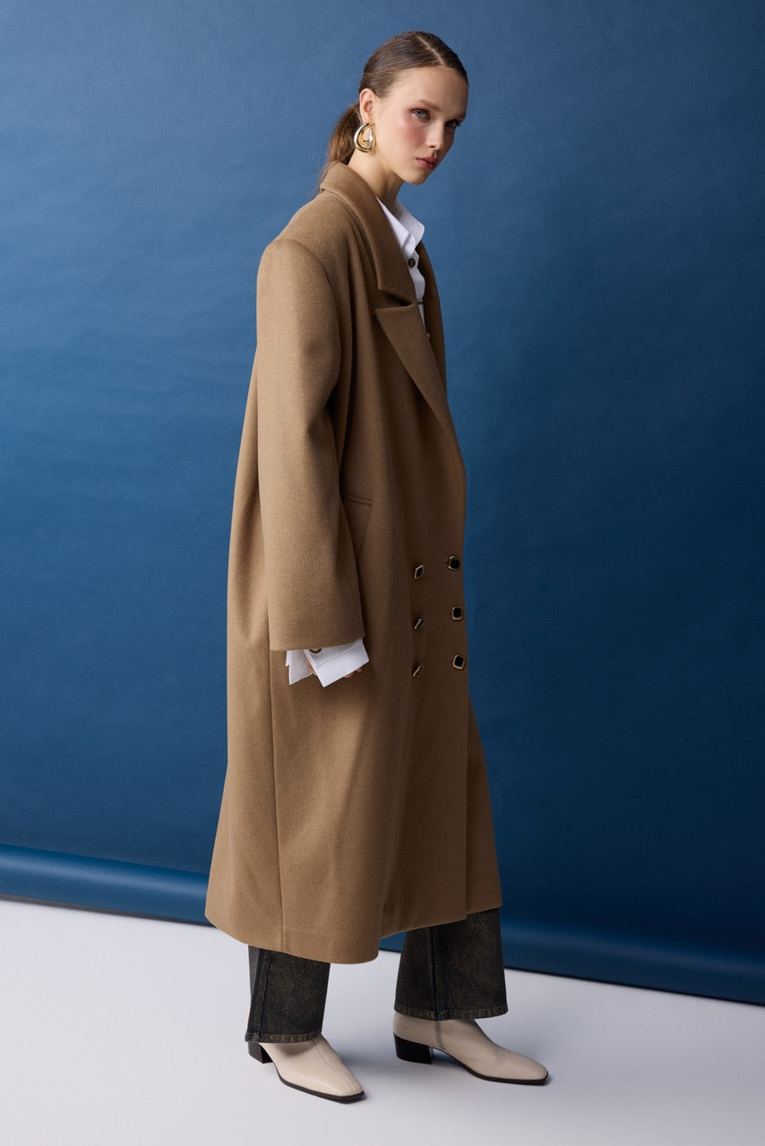 Travertine Double-Breasted Coat – Camel by Natalie Kolyozyan, Relief AW26, Look 26 campaign image