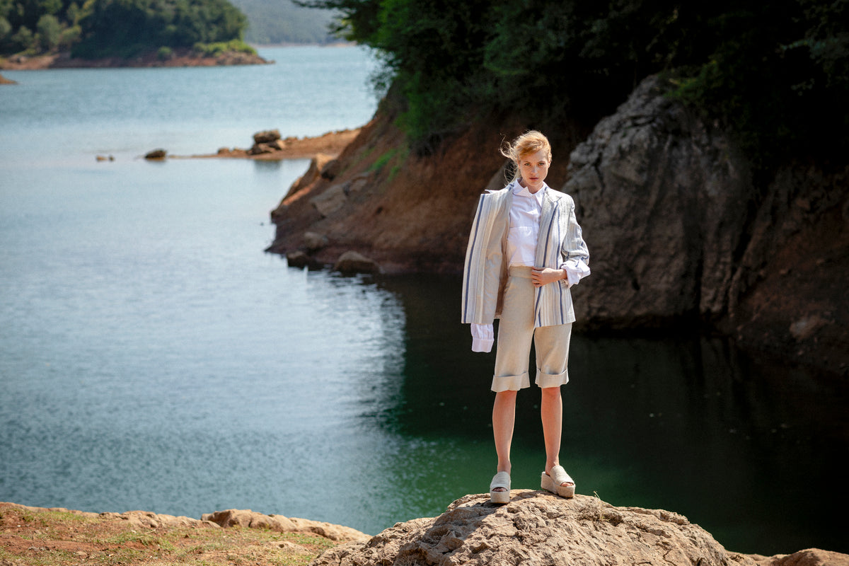 Ticking Linen Jacket Look by Natalie Kolyozyan, Ripple SS19
