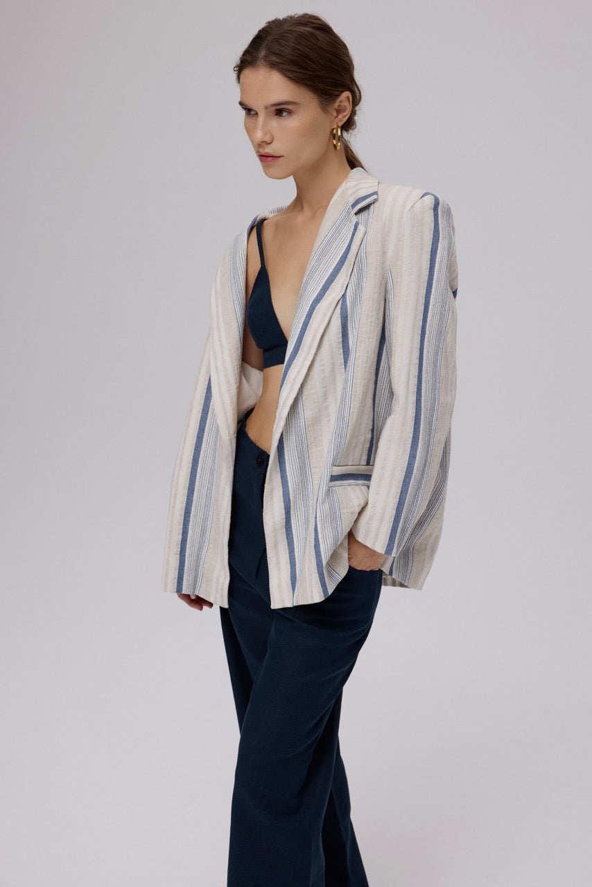 Striped Jacket Linen Bralette Linen Trousers by Natalie Kolyozyan, Between the Lines SS25