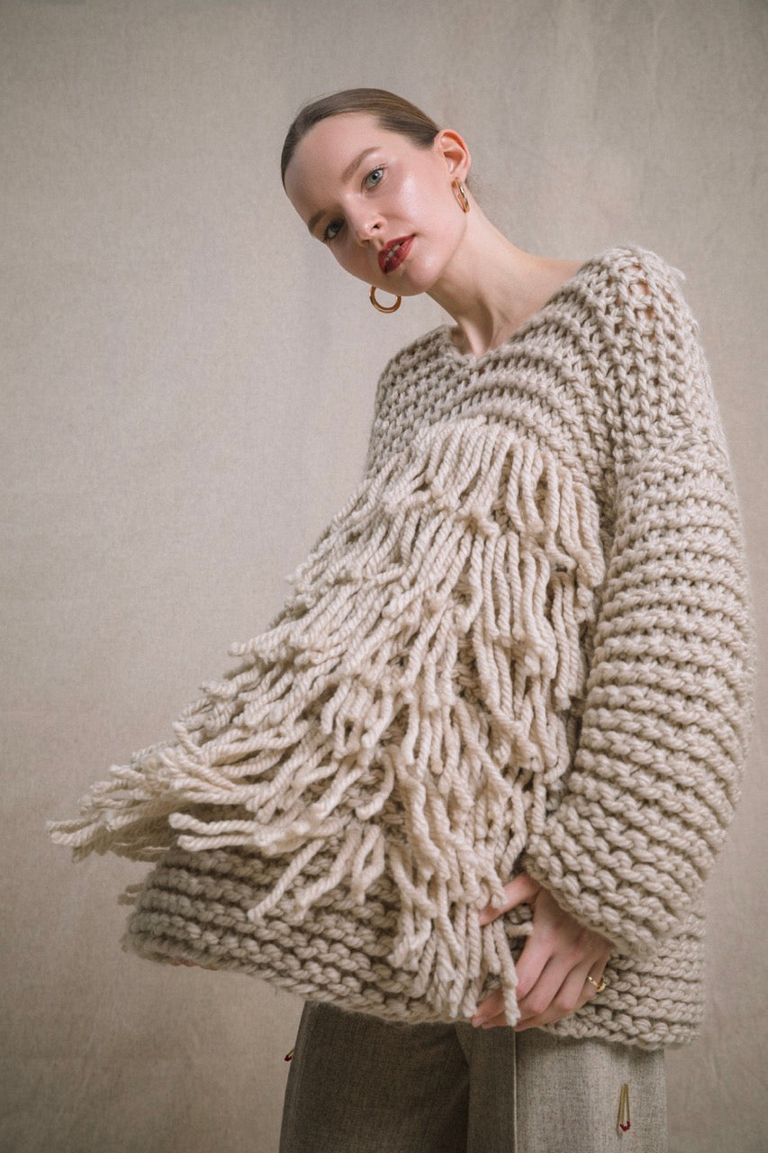 Kindling Hand-Knit Tasselled Sweater by Natalie Kolyozyan, Ember AW19, view 2