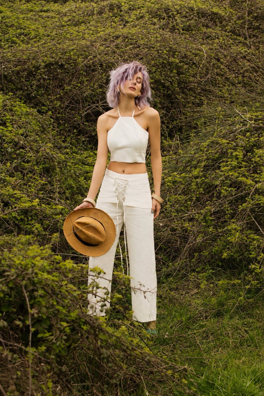 Chalk Halter Blouse Chalk Lace-Up Trousers by Natalie Kolyozyan, Twine SS17