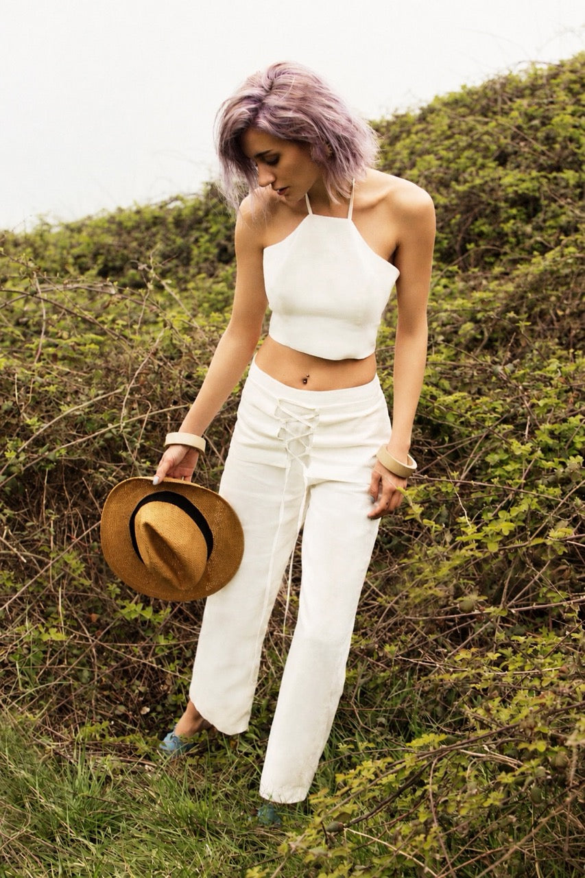 Chalk Halter Blouse Chalk Lace-Up Trousers by Natalie Kolyozyan, Twine SS17, view 2