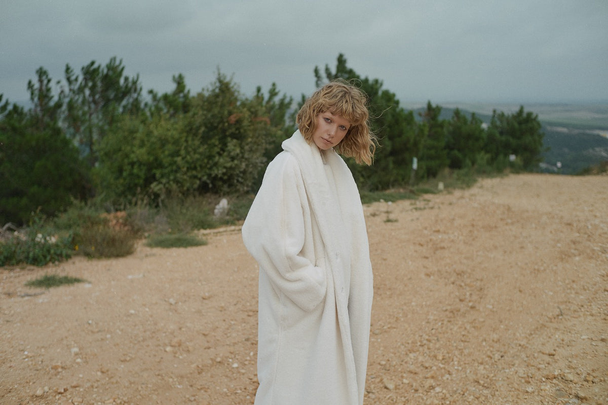 Full Circle Ecru Plush Coat by Natalie Kolyozyan, Vicious Circle AW17, view 2
