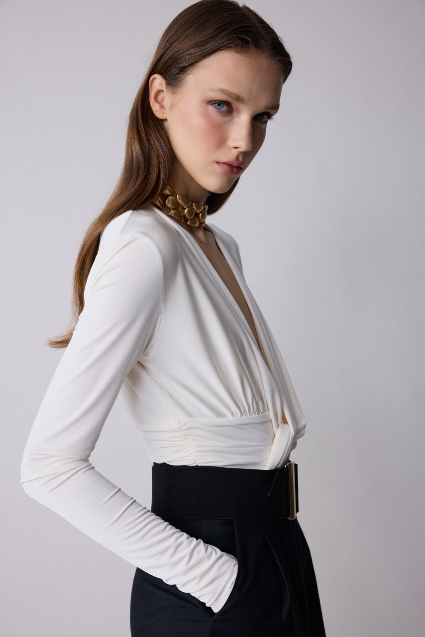 Pearl Draped V-Neck Bodysuit in Ivory by Natalie Kolyozyan, Relief AW26, view 2