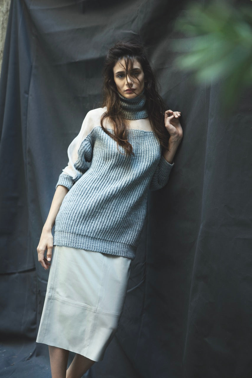 Natalie Kolyozyan Veil Boğazlı Triko Raw Edge Buz Deri Etek, Point of Origin AW15