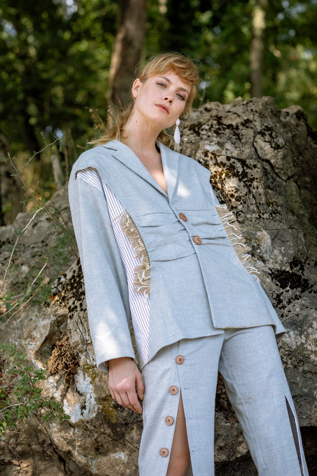 Fray Linen Jacket Raw Buttoned Trousers by Natalie Kolyozyan, Ripple SS19