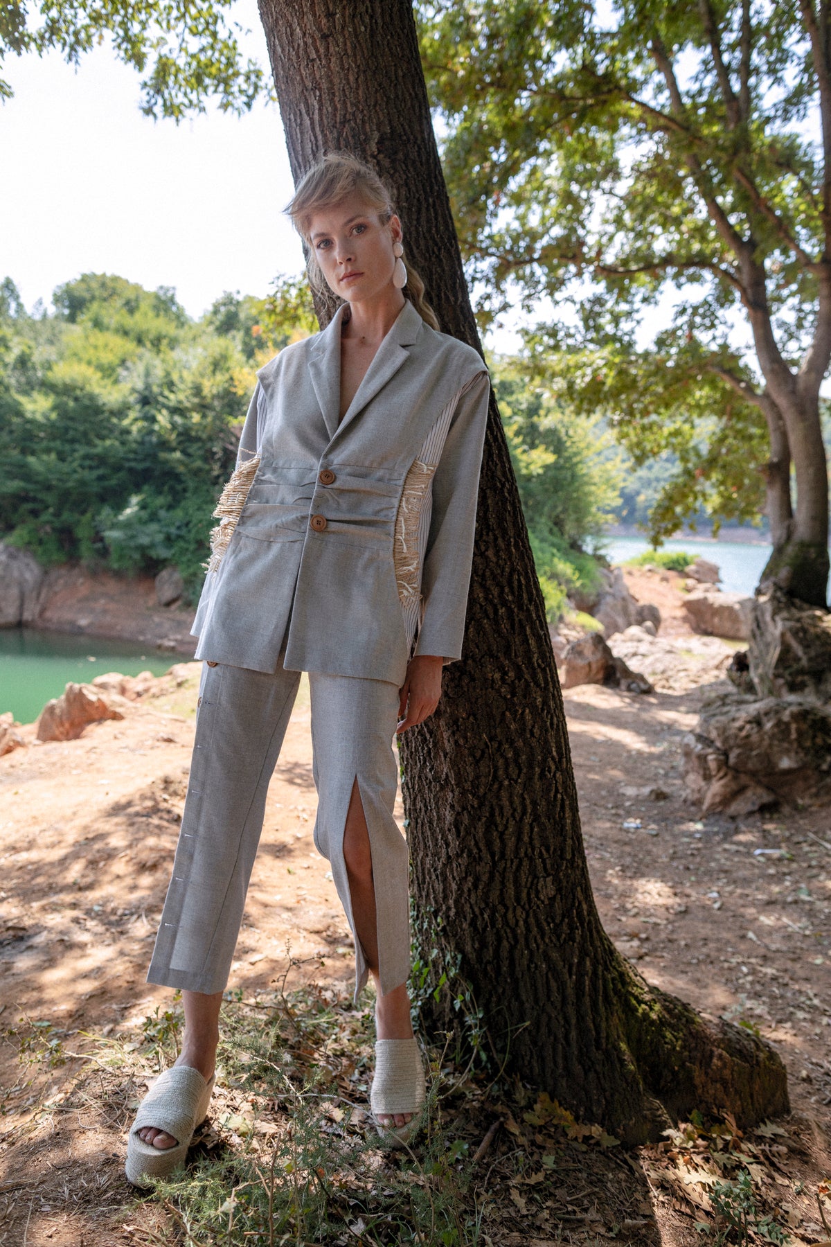 Fray Linen Jacket Raw Buttoned Trousers by Natalie Kolyozyan, Ripple SS19