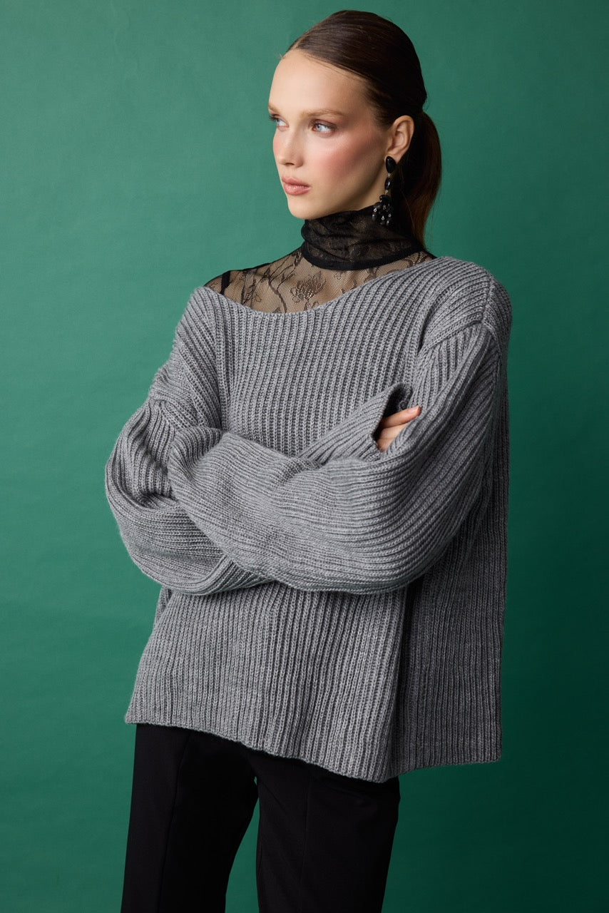 Natalie Kolyozyan Dome Gri Triko Kazak, Sırt Dekolteli, Relief AW26, görsel 2
