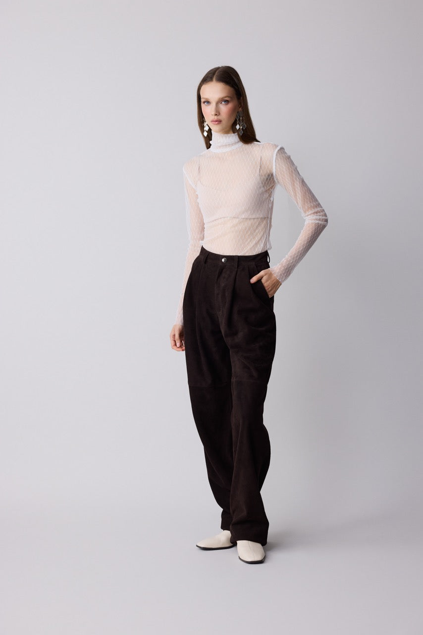 Umber Brown Suede Leather Trousers by Natalie Kolyozyan, Relief AW26