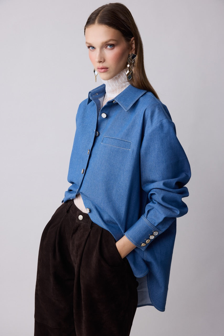 Umber Brown Suede Leather Trousers by Natalie Kolyozyan, Relief AW26, styled with the Lapis Denim Shirt