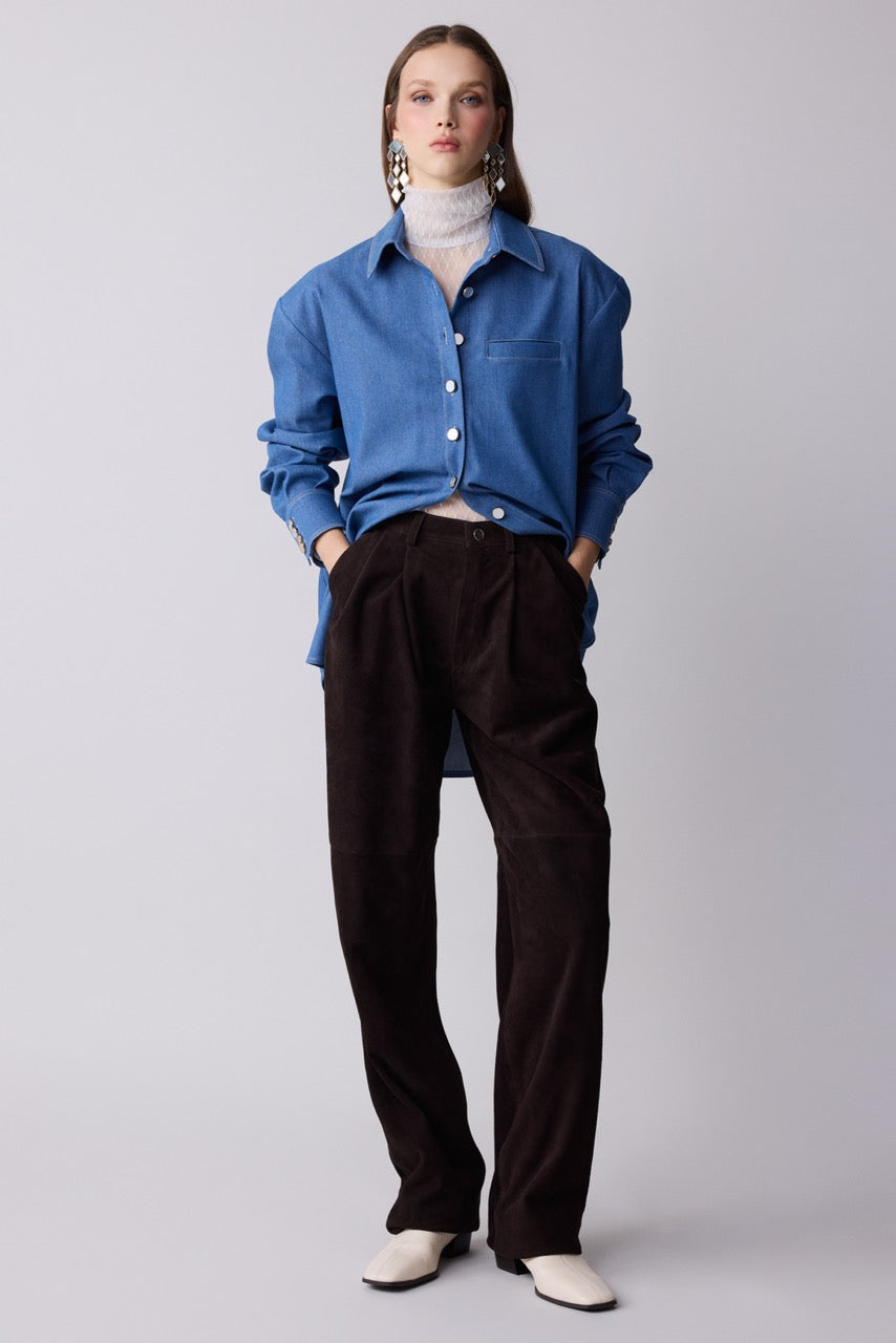 Umber Brown Suede Leather Trousers by Natalie Kolyozyan, Relief AW26, Look 4 campaign image