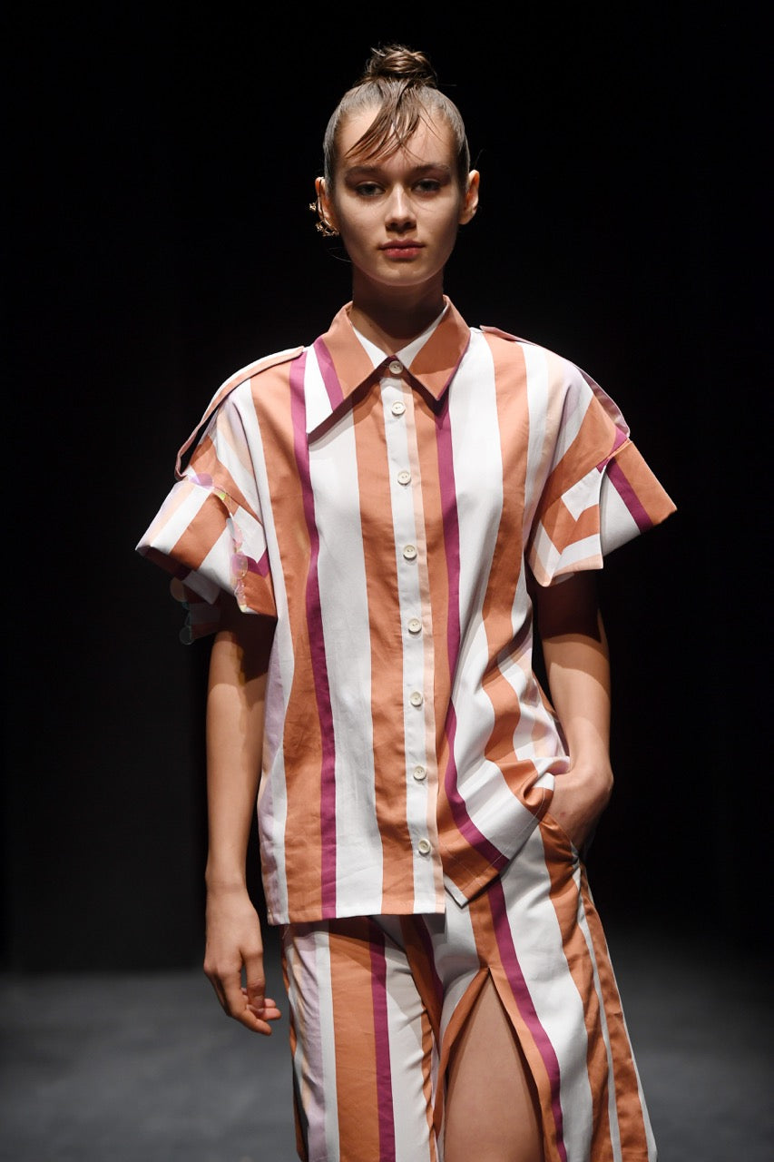 Lie-In Striped Shirt Lie-In Slit Trousers by Natalie Kolyozyan, Saturday Night Sunday Morning SS20, view 2