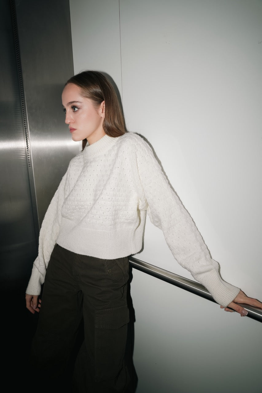 Grain Knit Cropped Sweater Look by Natalie Kolyozyan, Loose Ends AW25