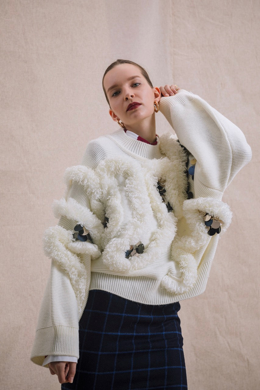 Glint Sequin-Embroidered Sweater Look by Natalie Kolyozyan, Ember AW19