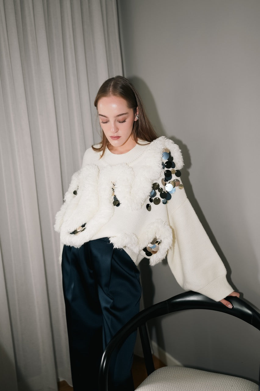 Paillette Sweater Ground Satin Trousers by Natalie Kolyozyan, Loose Ends AW25