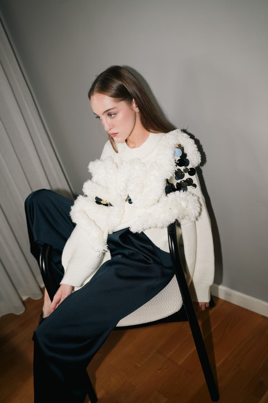 Paillette Sweater Ground Satin Trousers by Natalie Kolyozyan, Loose Ends AW25, view 2
