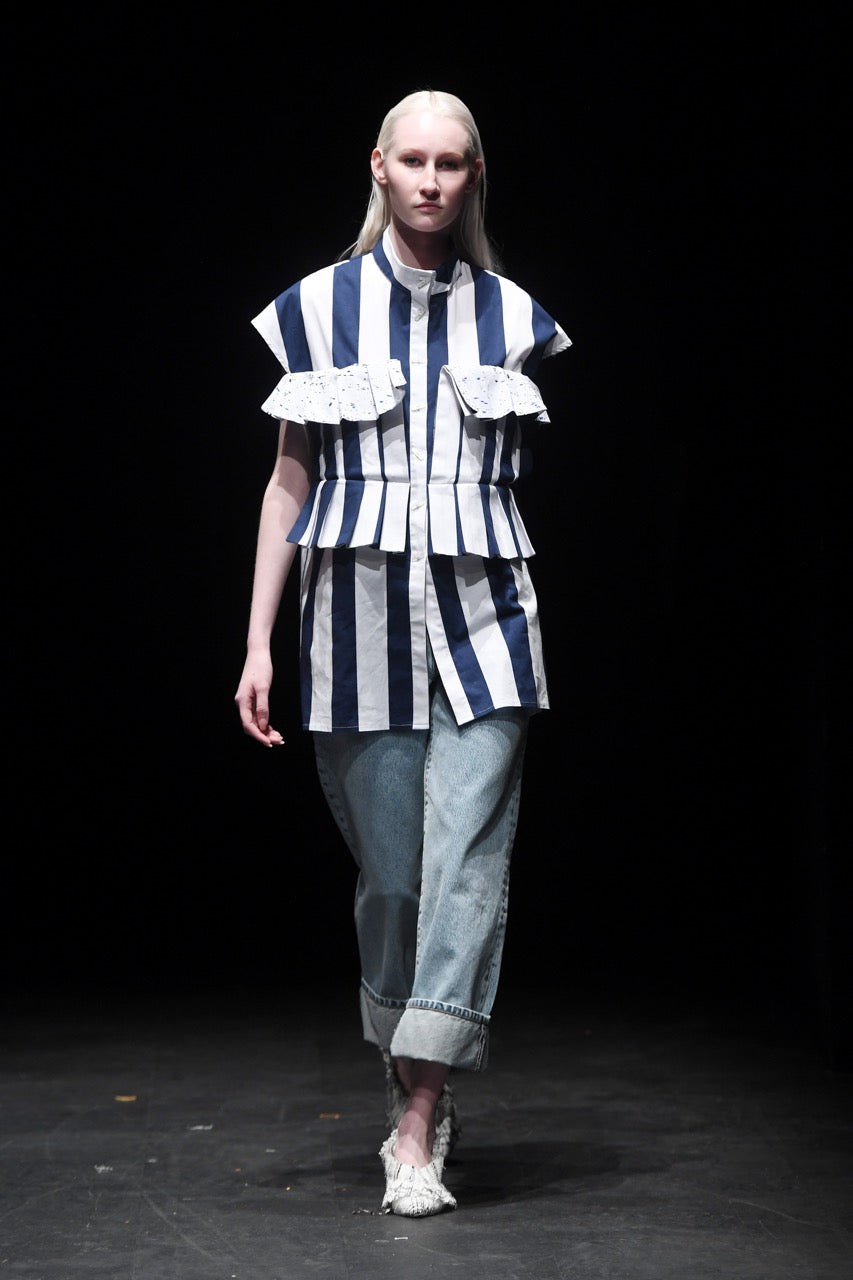 Lie-In Peplum Striped Shirt Look by Natalie Kolyozyan, Saturday Night Sunday Morning SS20