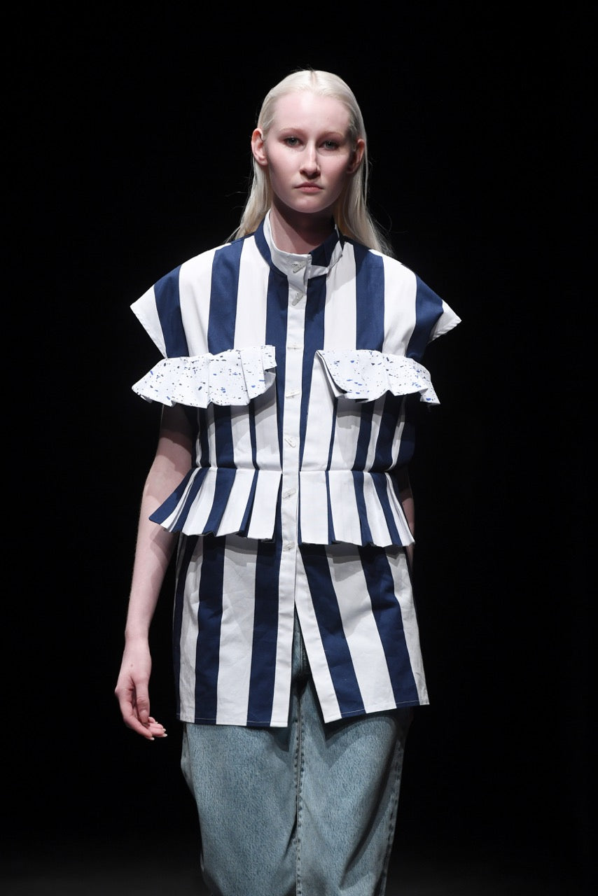 Lie-In Peplum Striped Shirt Look by Natalie Kolyozyan, Saturday Night Sunday Morning SS20, view 2