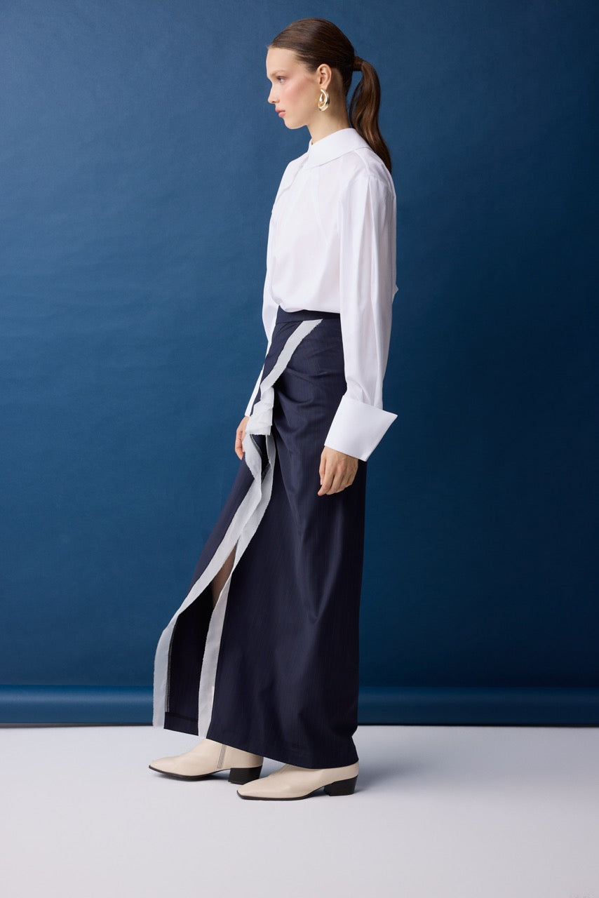 Arcade Navy Wool Wrap Midi Skirt by Natalie Kolyozyan, Relief AW26, view 2