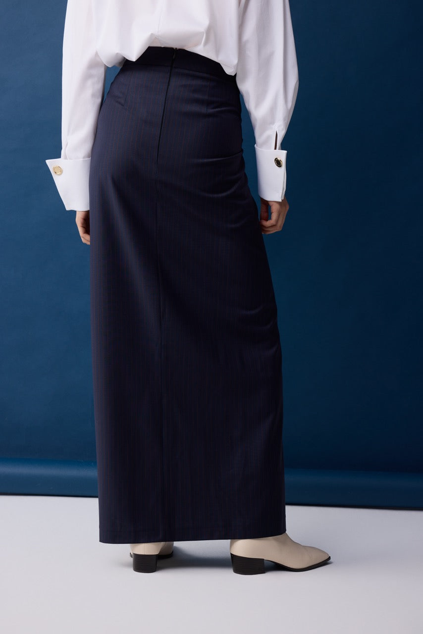 Arcade Navy Wool Wrap Midi Skirt by Natalie Kolyozyan, Relief AW26, view 4