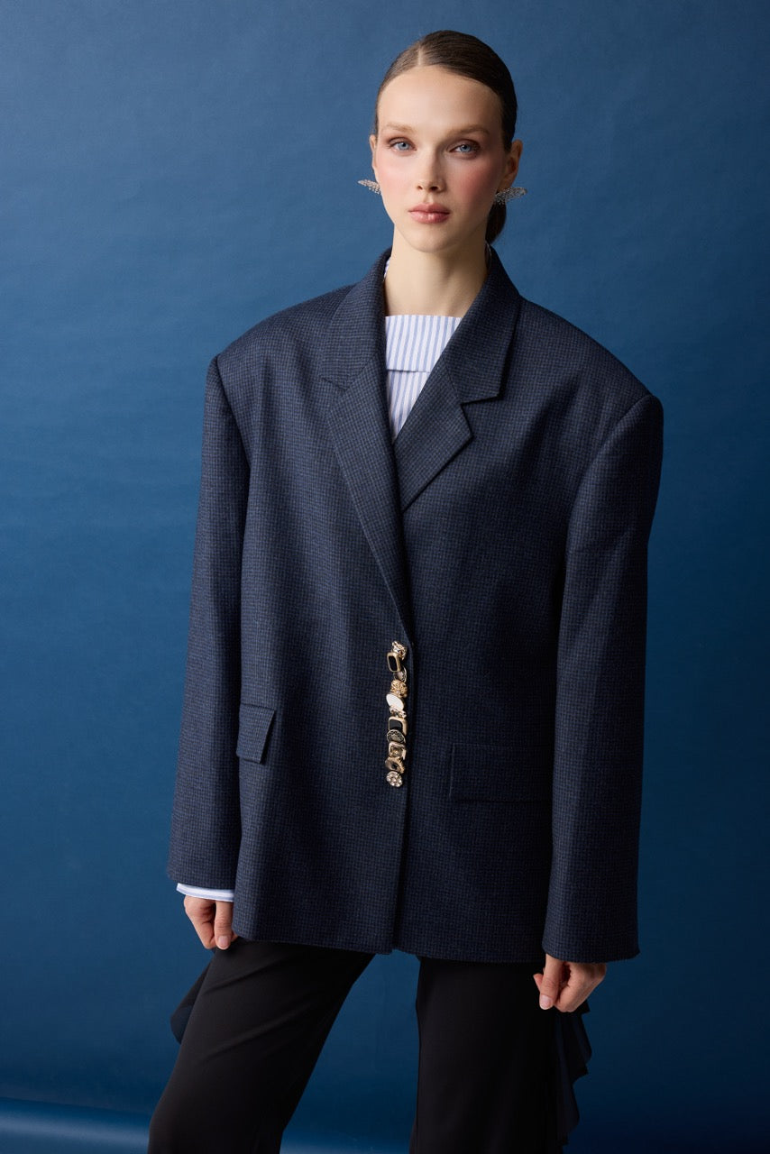 Slate Navy Check Wool Blazer by Natalie Kolyozyan, Relief AW26, view 2