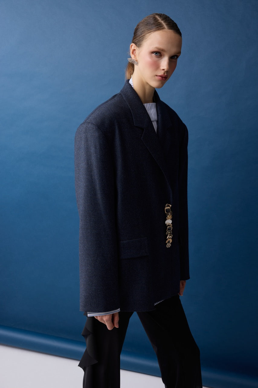 Slate Navy Check Wool Blazer by Natalie Kolyozyan, Relief AW26, view 3