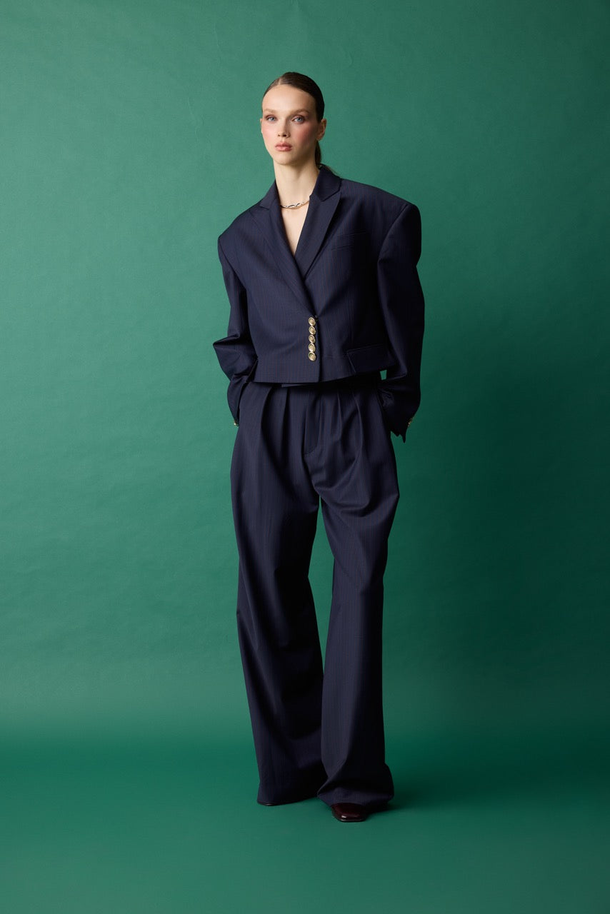 Arcade Navy Pleated Wide-Leg Trousers by Natalie Kolyozyan, Relief AW26