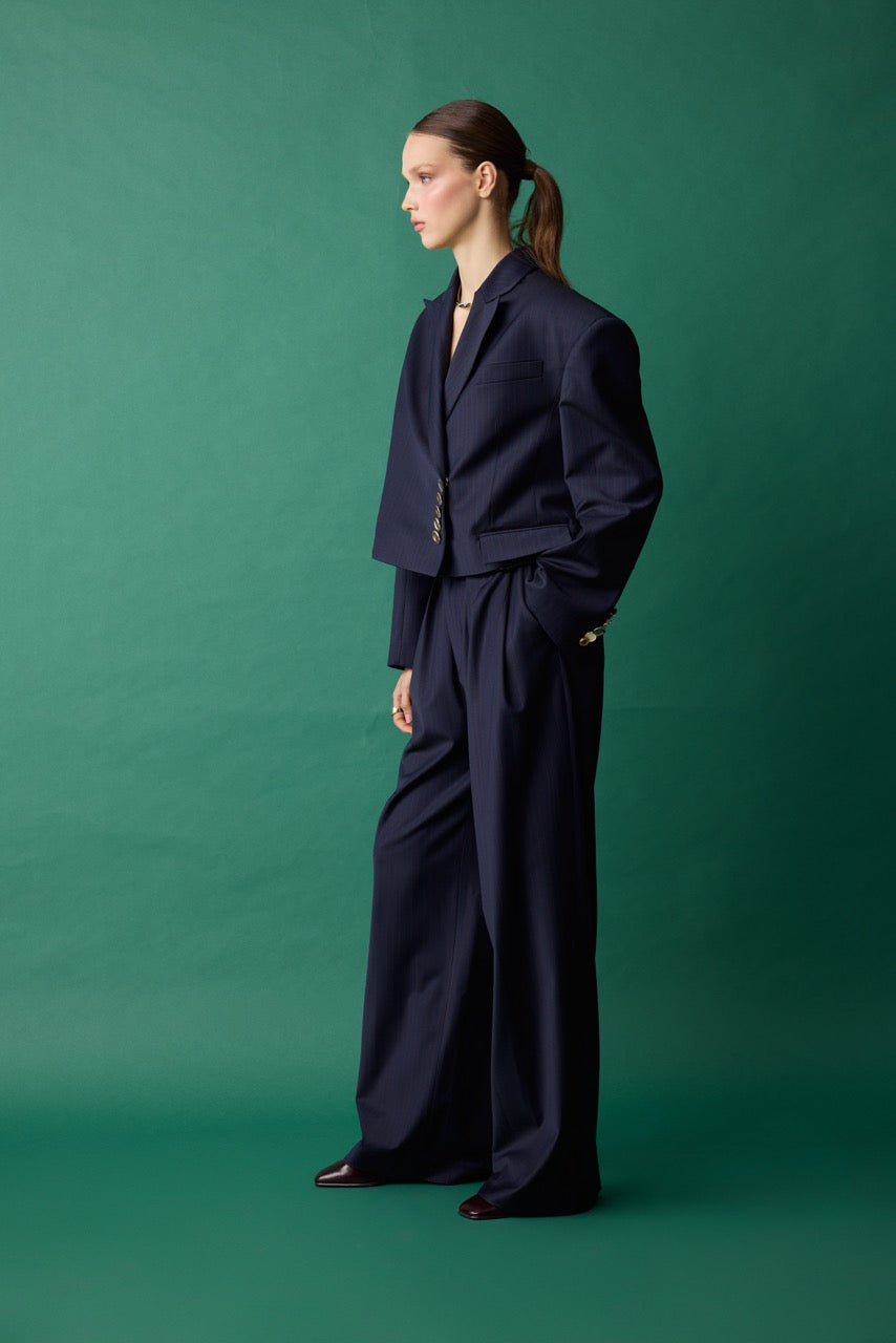 Natalie Kolyozyan Arcade Lacivert Pileli Geniş Paça Pantolon, Relief AW26, görsel 2
